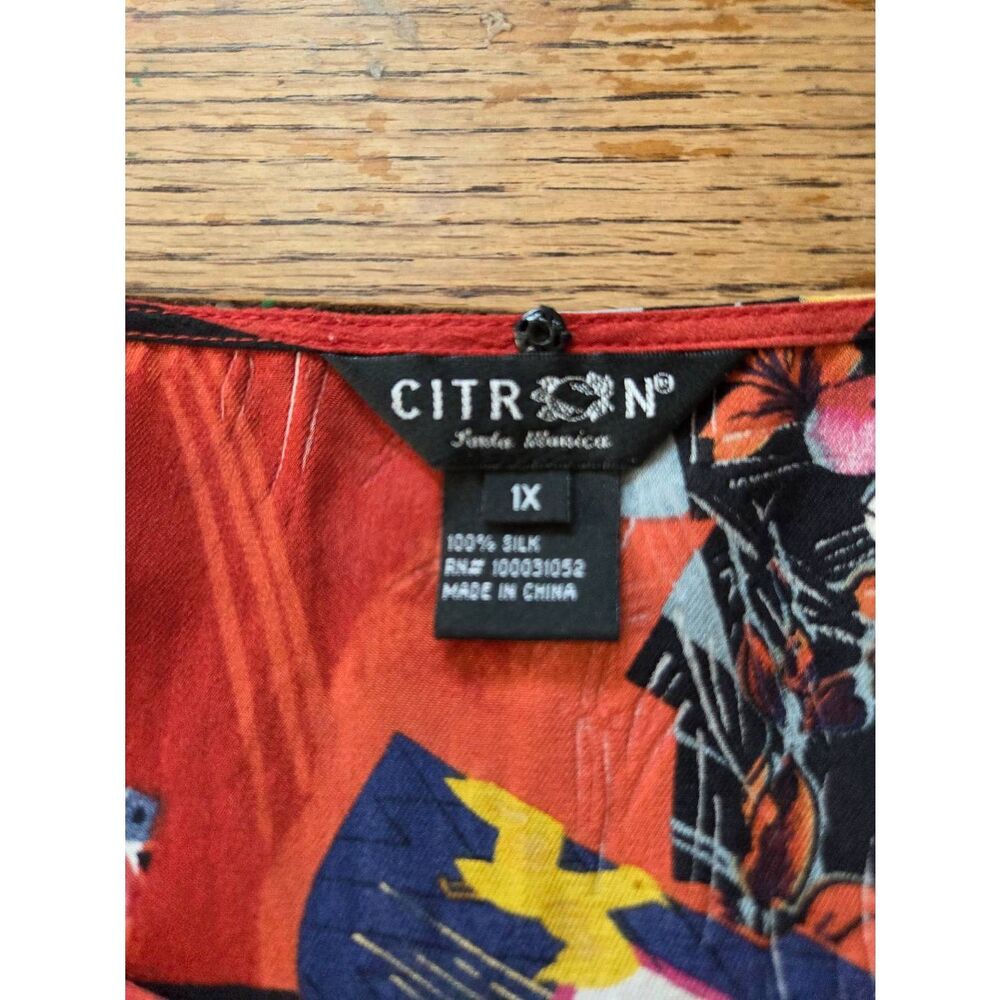 CITRON Women’s 3/4 Sleeve Crepe ORANGE BLACK Floral Blouse Size 0x - Picture 2 of 3